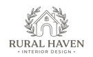 A minimalist logo for 'RURAL HAVEN INTERIOR DESIGN' featuring a line-art illustration of a house framed by leafy branches, centered on a solid white background.
